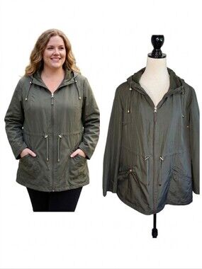 Intl Details Olive Utility Hooded Rain Jacket with Drawcord Waist Plus Suze XXL